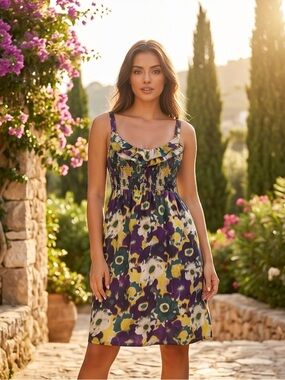 Silk Floral Sundress Multicolor Ruffle Detail Size Medium